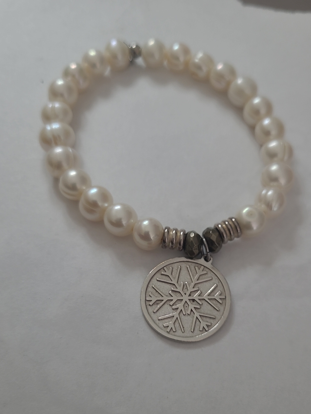 T. Jazelle White Pearl Snowflake Charm Bracelet Silver Accent